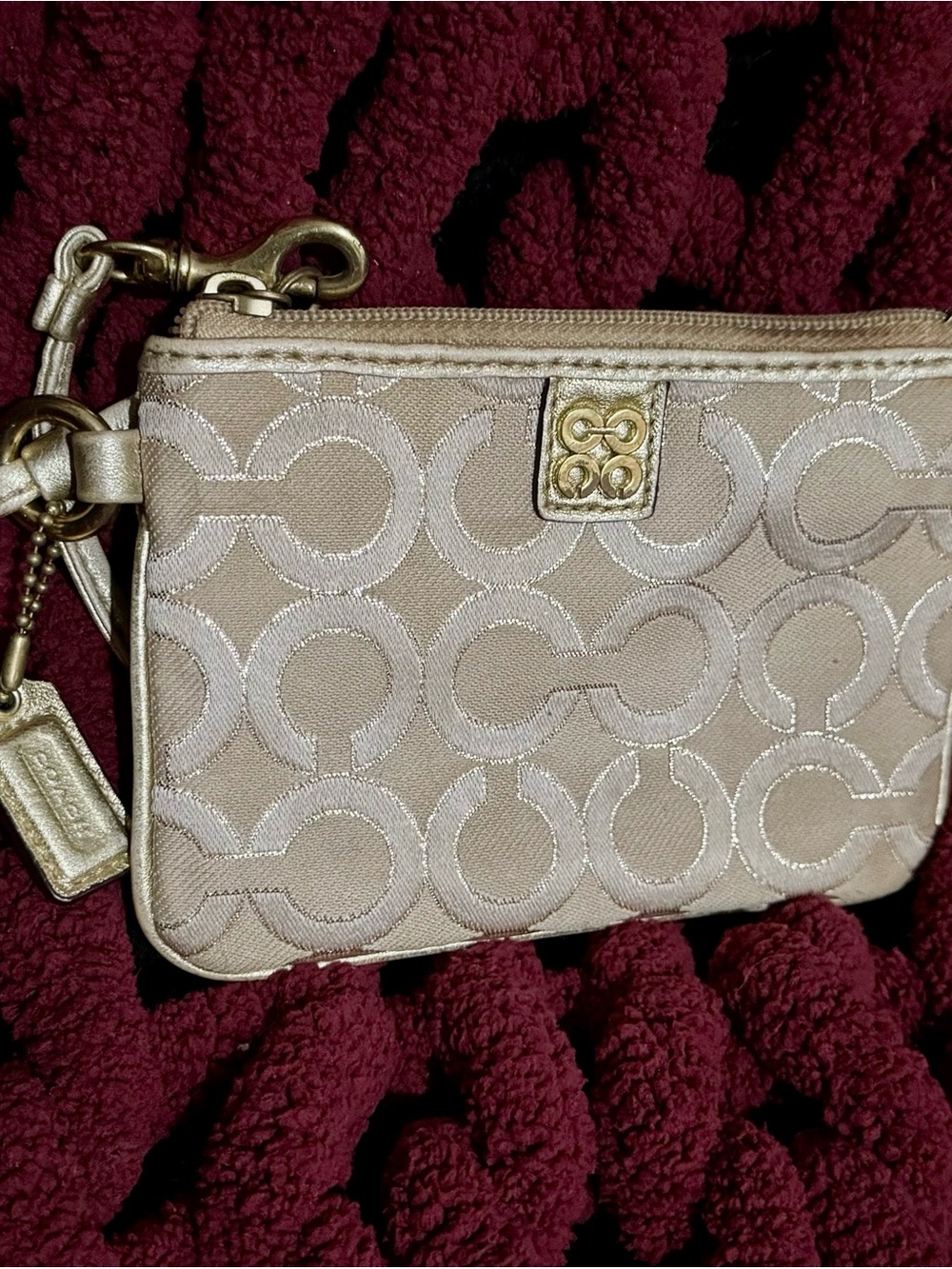Coach Metallic Taupe Signature Wristlet with Gold Hardware